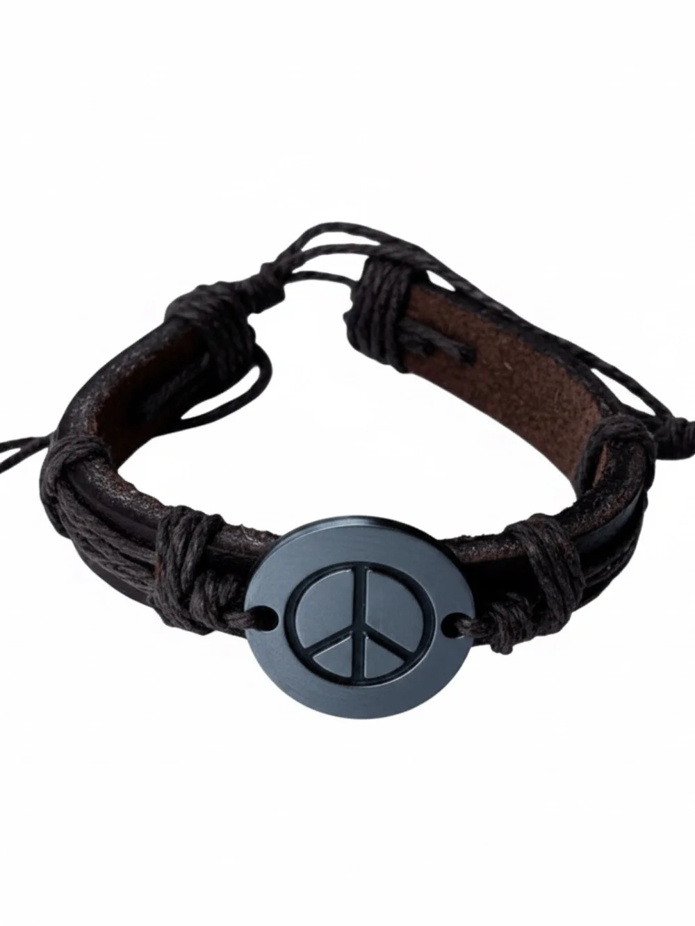 Mens Leather Brown Peace Charm Bracelet Wristband‎
